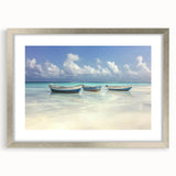 Landscape beach artwork framed in a sleek silver mat, showcasing vibrant colors and serene ocean views, perfect for enhancing home decor and adding a coastal touch.