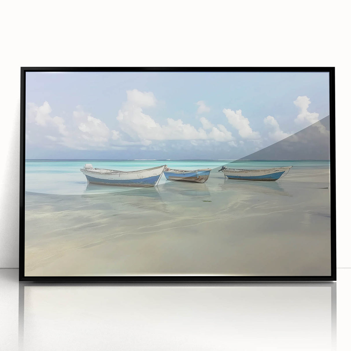 Framed acrylic artwork showcasing a serene beach landscape with vibrant colors, set against a sleek black frame, ideal for home decor and coastal themes.