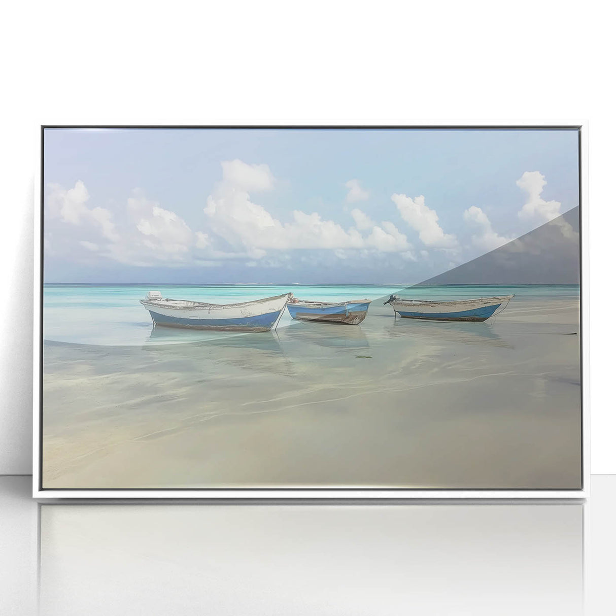 Framed acrylic wall art depicting a serene beach landscape with vibrant colors, set in a sleek white frame, perfect for coastal home decor.
