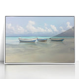 Framed acrylic wall art depicting a serene beach landscape with vibrant colors, set in a sleek white frame, perfect for coastal home decor.