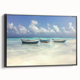 Framed canvas artwork depicting a serene beach landscape, showcasing soft pastel colors and gentle waves, displayed from a black side view for elegant home decor.