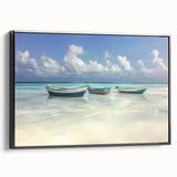 Framed canvas artwork depicting a serene beach landscape, showcasing soft pastel colors and gentle waves, displayed from a black side view for elegant home decor.