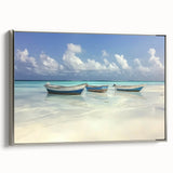 Framed landscape canvas artwork depicting serene beaches, showcasing silver frame accents and a vibrant color palette, perfect for enhancing coastal-themed decor.
