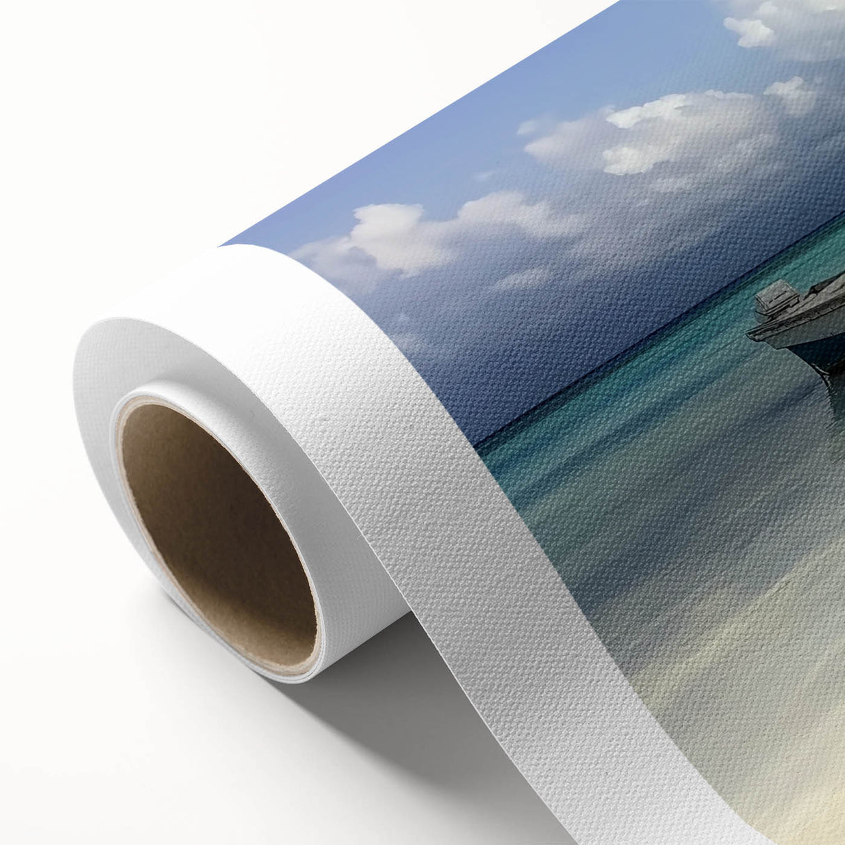 Stunning rolled canvas depicting a serene beach landscape with vibrant colors, ideal for home decor, packaged securely in a protective tube for easy transport.
