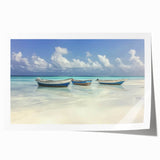 Landscape print showcasing a serene beach scene with vibrant blue waters and golden sand, rolled for easy transport and display in any coastal-themed decor.
