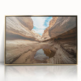 Framed acrylic artwork depicting a stunning landscape of canyons with rich gold accents, ideal for home decor, adding elegance to any interior setting.
