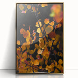 Large art print of a mid-century modernist fall scene, acrylic on canvas framed in gold, ideal for nursery wall decor.