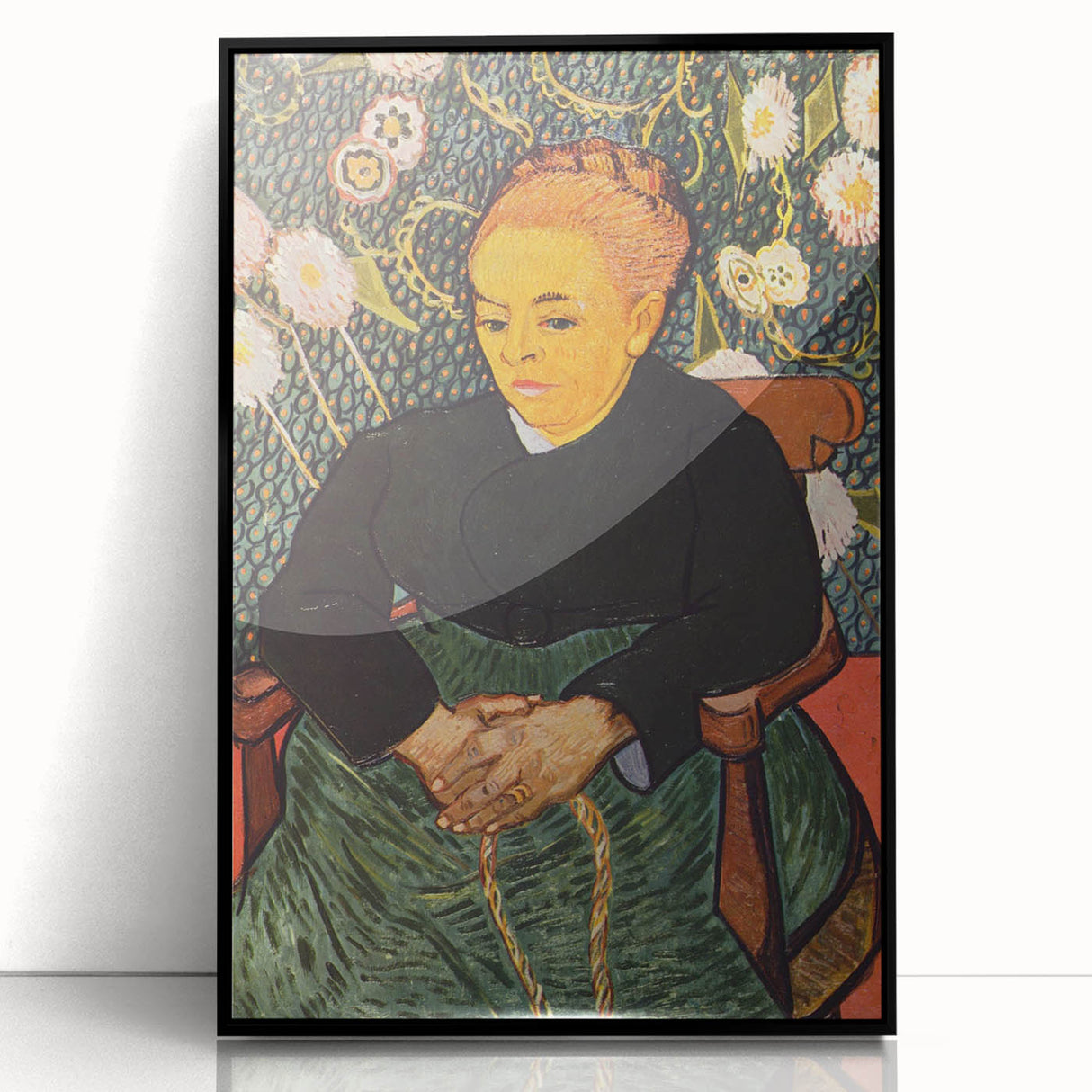 Large abstract wall art featuring swirling blue and yellow tones on a black acrylic frame.