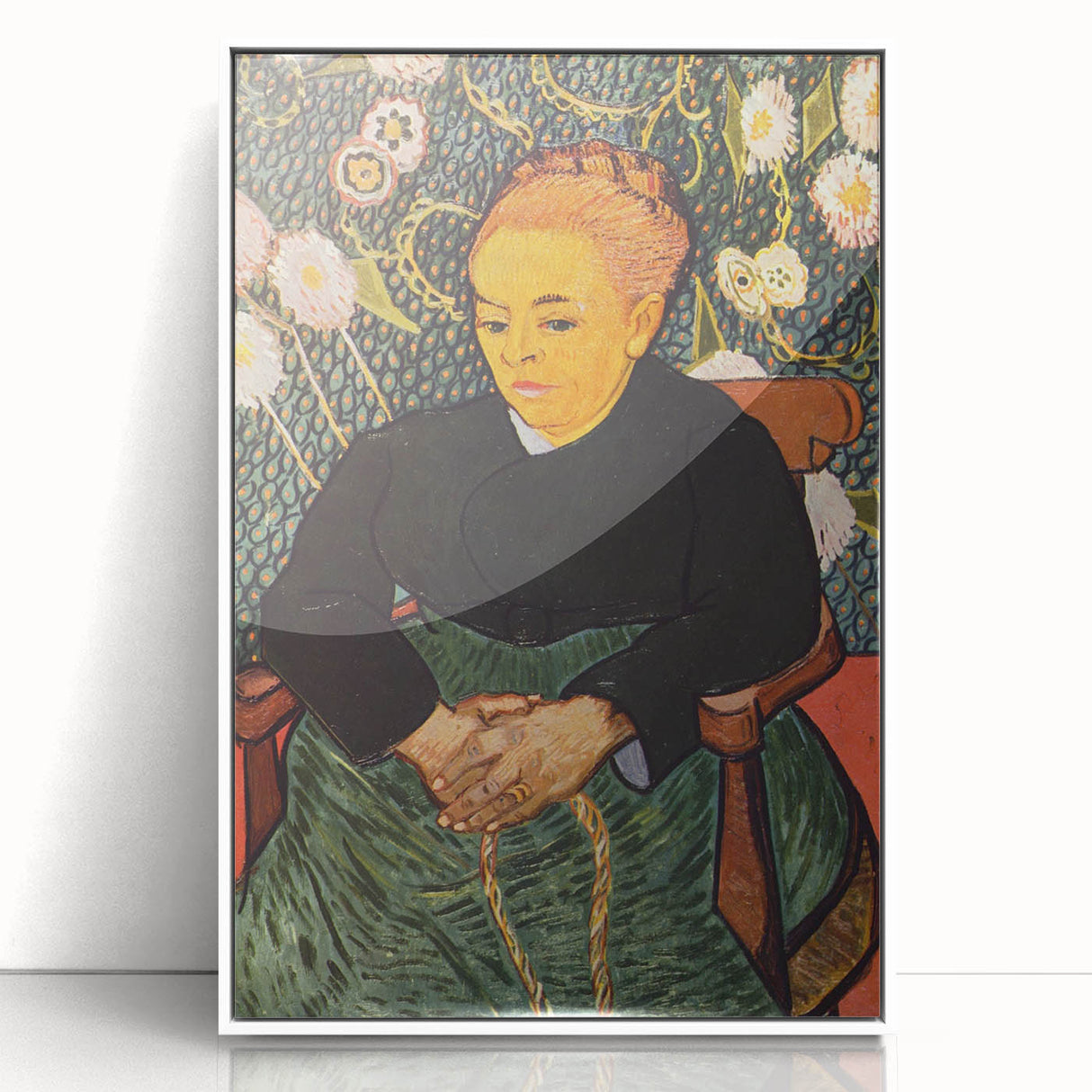 Mid-century modernist art depicting a Van Gogh-inspired scene in muted blues and yellows on a white acrylic framed poster.