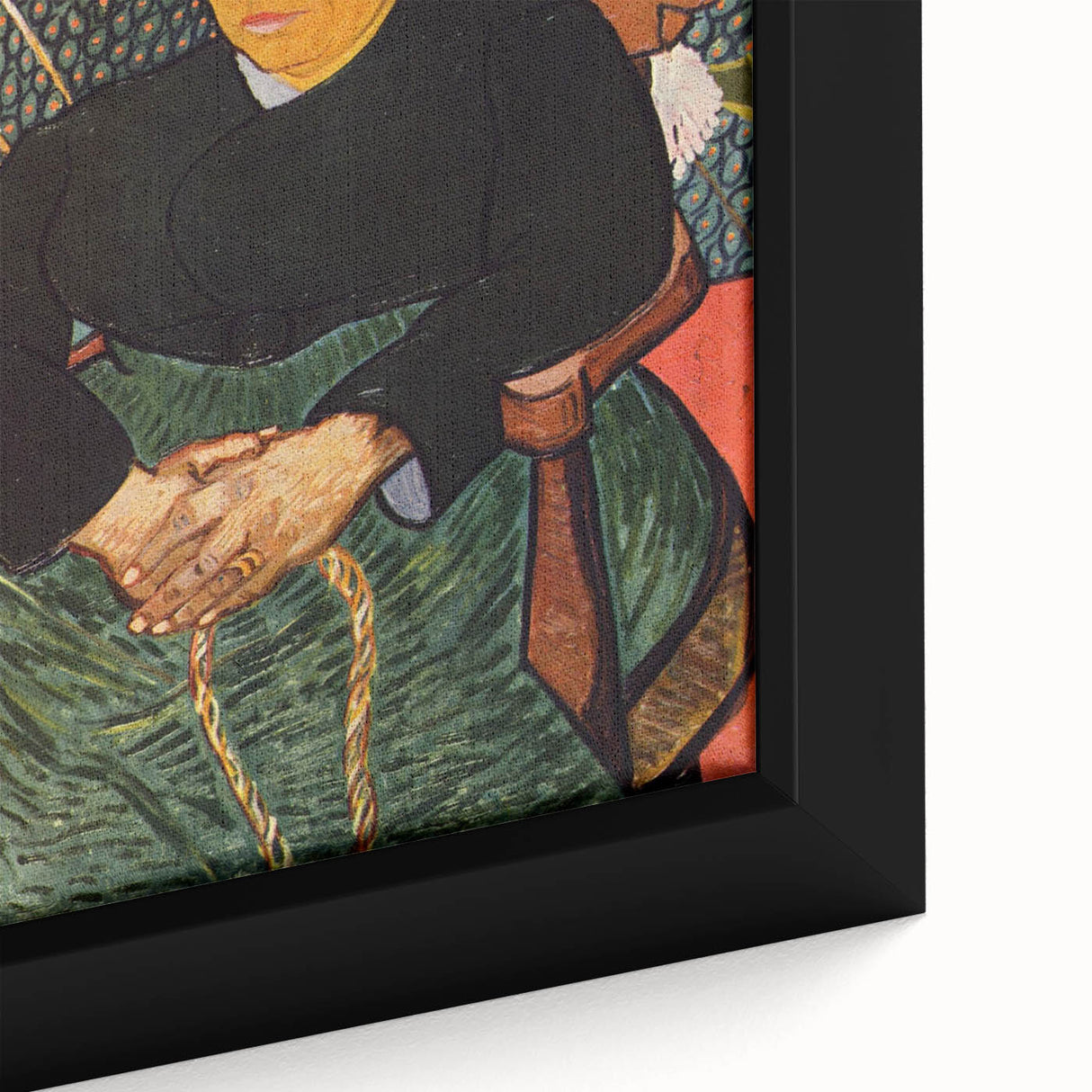 Close-up of a textured, extra-large framed canvas depicting a black abstract design with colorful accents.
