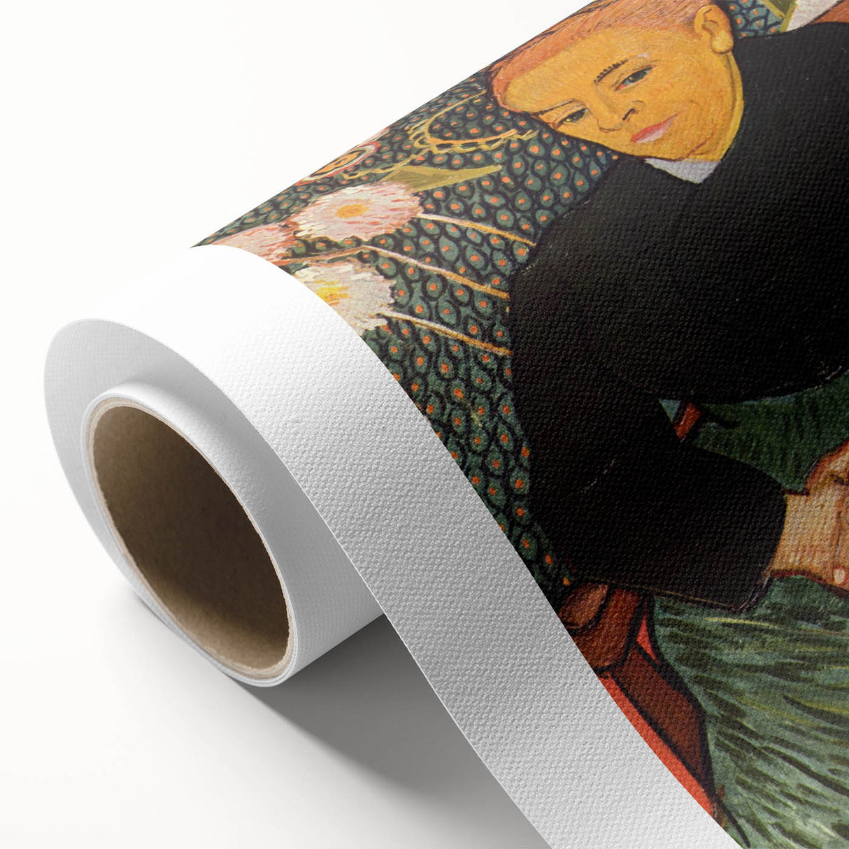 Art deco-style Vincent van Gogh portrait on rolled canvas, with muted color tones, suitable as nursery wall art.