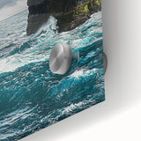 Vibrant acrylic painting of rugged cliffs and serene landscapes, showcasing intricate textures and colors, perfect for enhancing modern home decor.