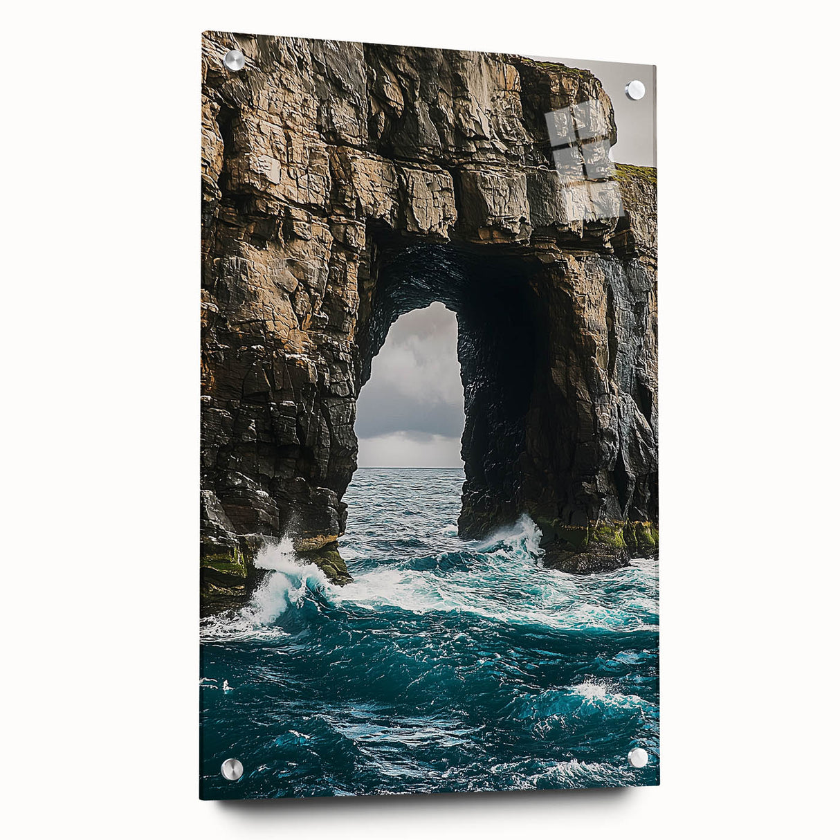 Acrylic landscape artwork depicting dramatic cliffs in vibrant colors, displayed in a sleek glass frame with pins, ideal for modern home decor.
