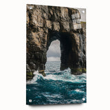 Acrylic landscape artwork depicting dramatic cliffs in vibrant colors, displayed in a sleek glass frame with pins, ideal for modern home decor.