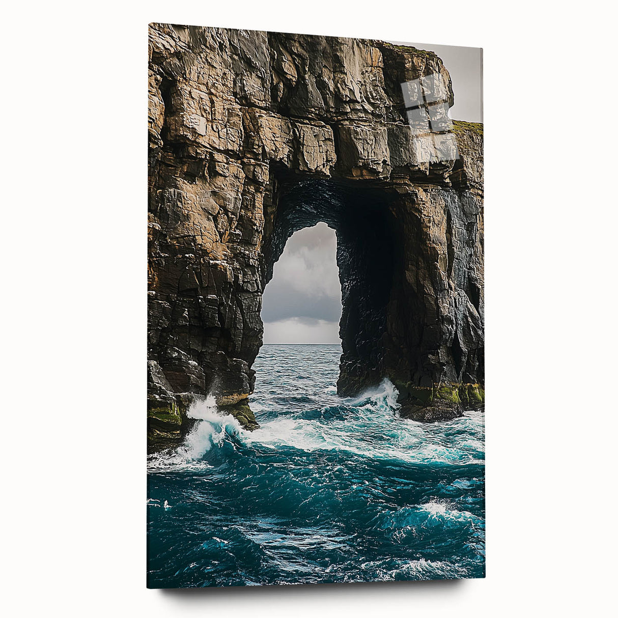 Acrylic landscape artwork featuring dramatic cliffs and vibrant colors, displayed in a sleek glass frame, enhancing any modern decor. Ideal for nature enthusiasts.
