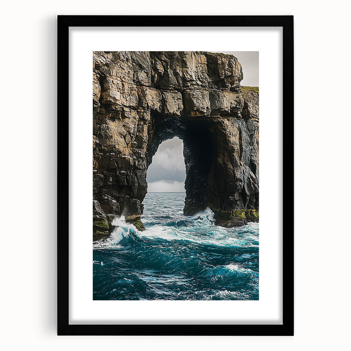Black-framed landscape artwork showcasing dramatic cliffs against a serene sky, beautifully matted for an elegant presentation, perfect for home decor.