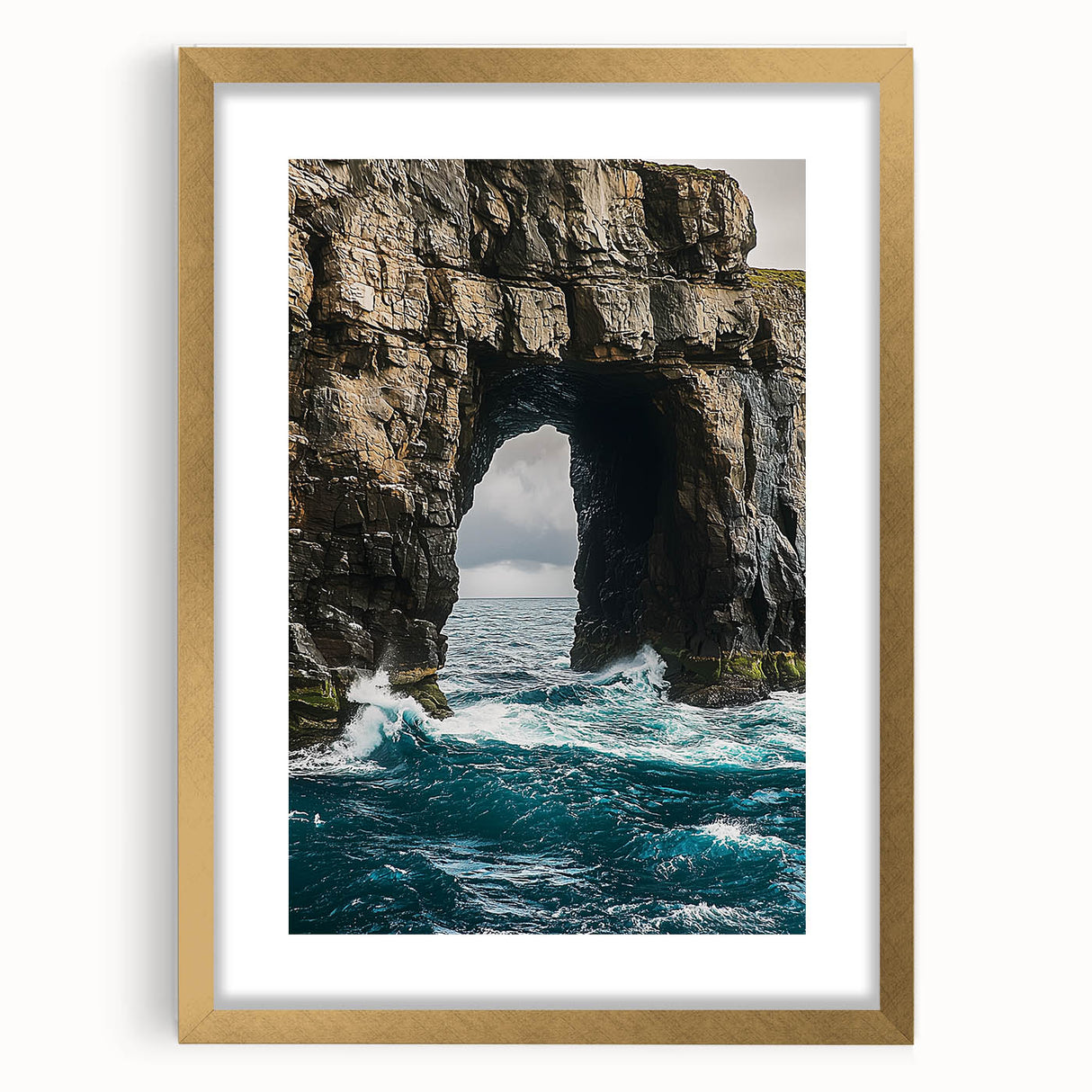 Framed landscape artwork showcasing dramatic cliffs with a gold matting, perfect for enhancing home decor. This elegant piece adds sophistication and depth to any room.