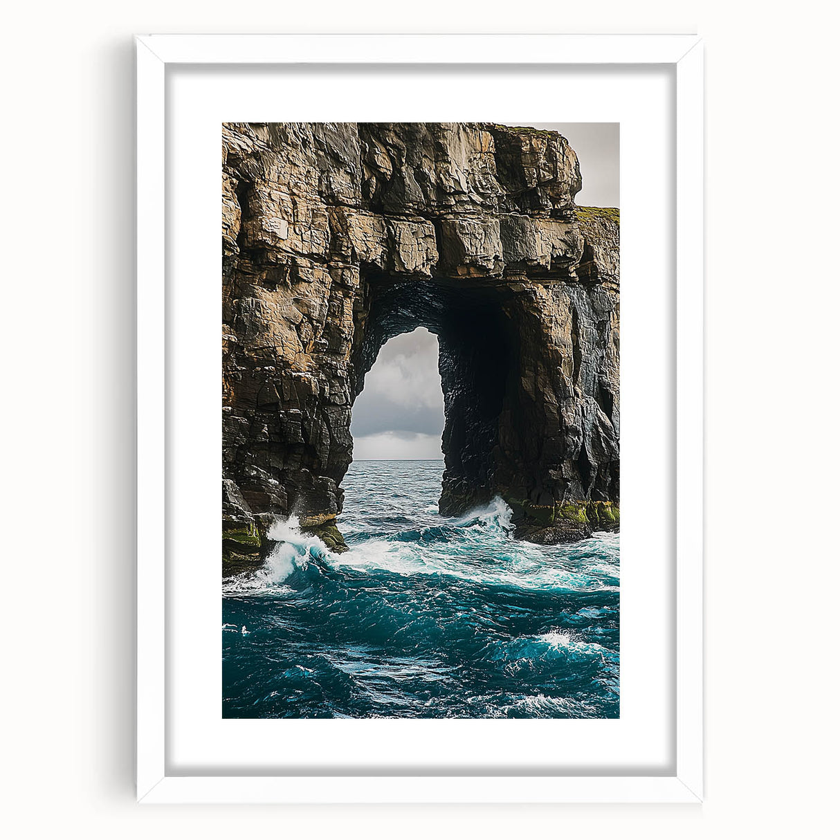 Framed landscape artwork depicting majestic cliffs in vibrant colors, set against a white mat, ideal for home décor or gallery display, enhancing any space.