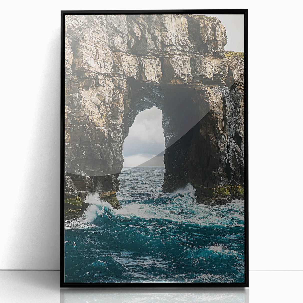 Framed acrylic artwork depicting a dramatic landscape with towering cliffs and vibrant colors, set against a black frame, ideal for modern home decor.