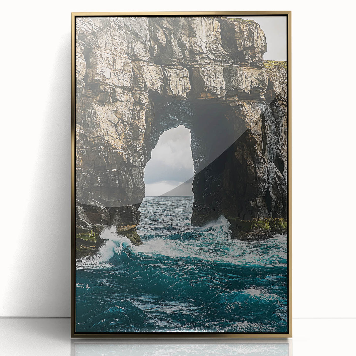 Framed acrylic artwork showcasing a stunning landscape of cliffs, featuring rich gold accents and a modern design. Perfect for interior decor enthusiasts seeking elegance.