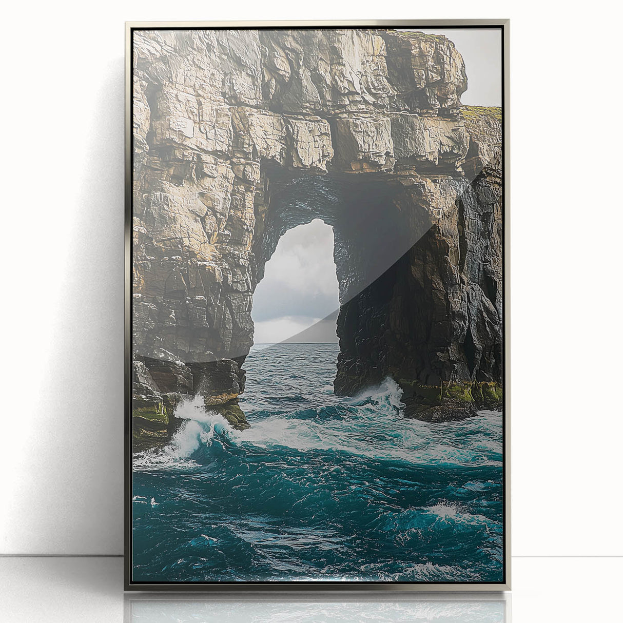 Framed acrylic artwork showcasing a stunning landscape of cliffs in silver hues, perfect for modern home decor. The piece captures the essence of nature's majesty.