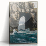 Framed acrylic artwork showcasing a stunning landscape of cliffs in silver hues, perfect for modern home decor. The piece captures the essence of nature's majesty.