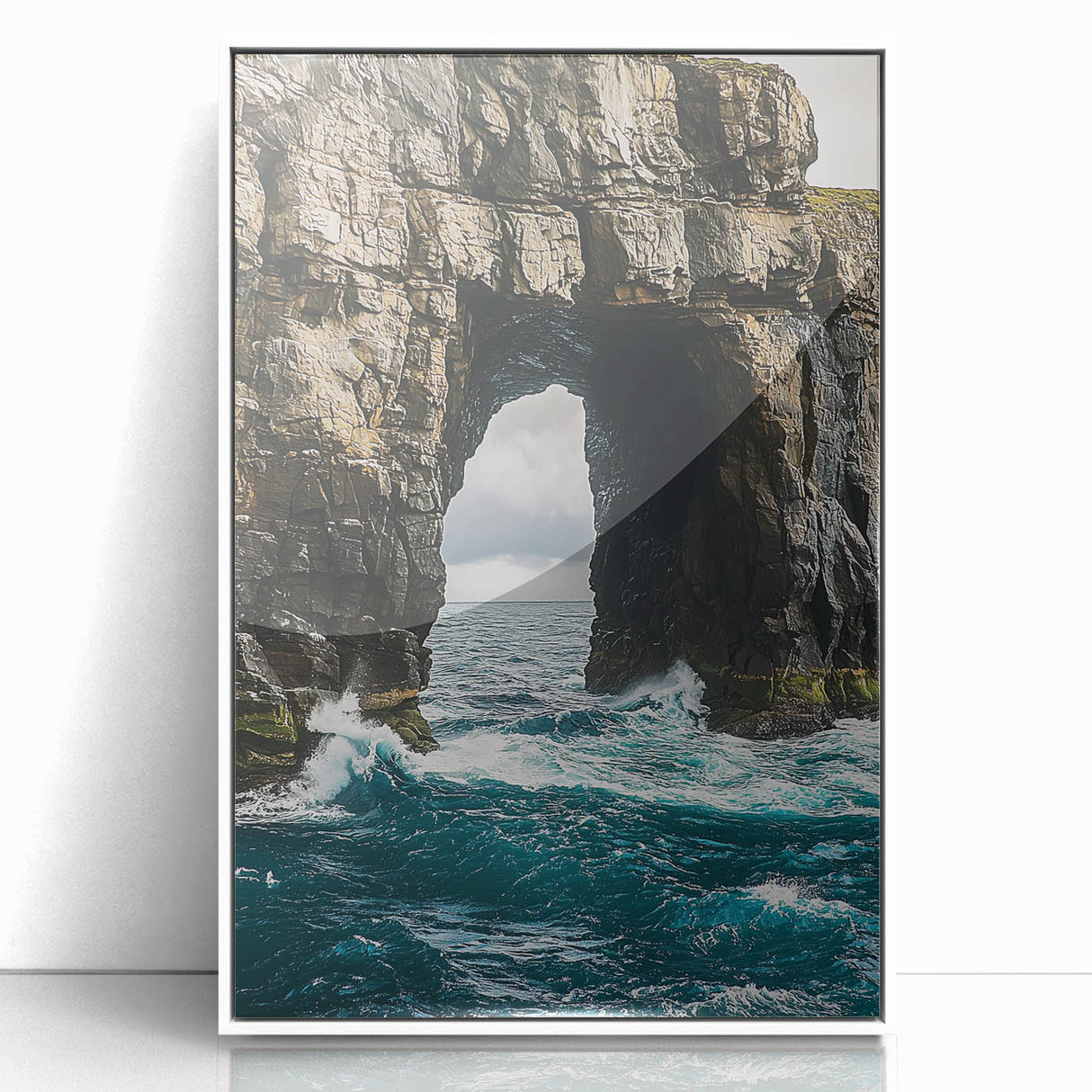 Framed acrylic artwork depicting a vibrant landscape with dramatic cliffs and a serene sky, showcasing vivid colors and intricate details, perfect for home decor.
