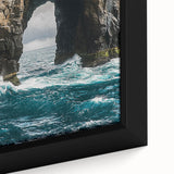 Close-up of a framed canvas artwork depicting dramatic cliffs and vibrant landscapes, showcasing rich colors and intricate details, perfect for home decor.