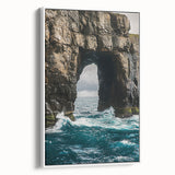 Framed canvas artwork showcasing a stunning coastal landscape with dramatic cliffs and vibrant colors, presented in a sleek white frame, ideal for home decor.