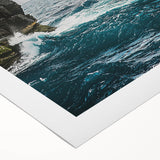 Vibrant rolled canvas depicting a dramatic landscape of towering cliffs against a serene sky, showcasing rich colors and intricate details, ideal for home decor.