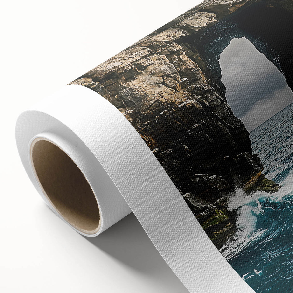 Vibrant rolled canvas depicting stunning cliff landscapes in rich hues of green and blue, ideal for enhancing home decor, packaged securely for delivery.
