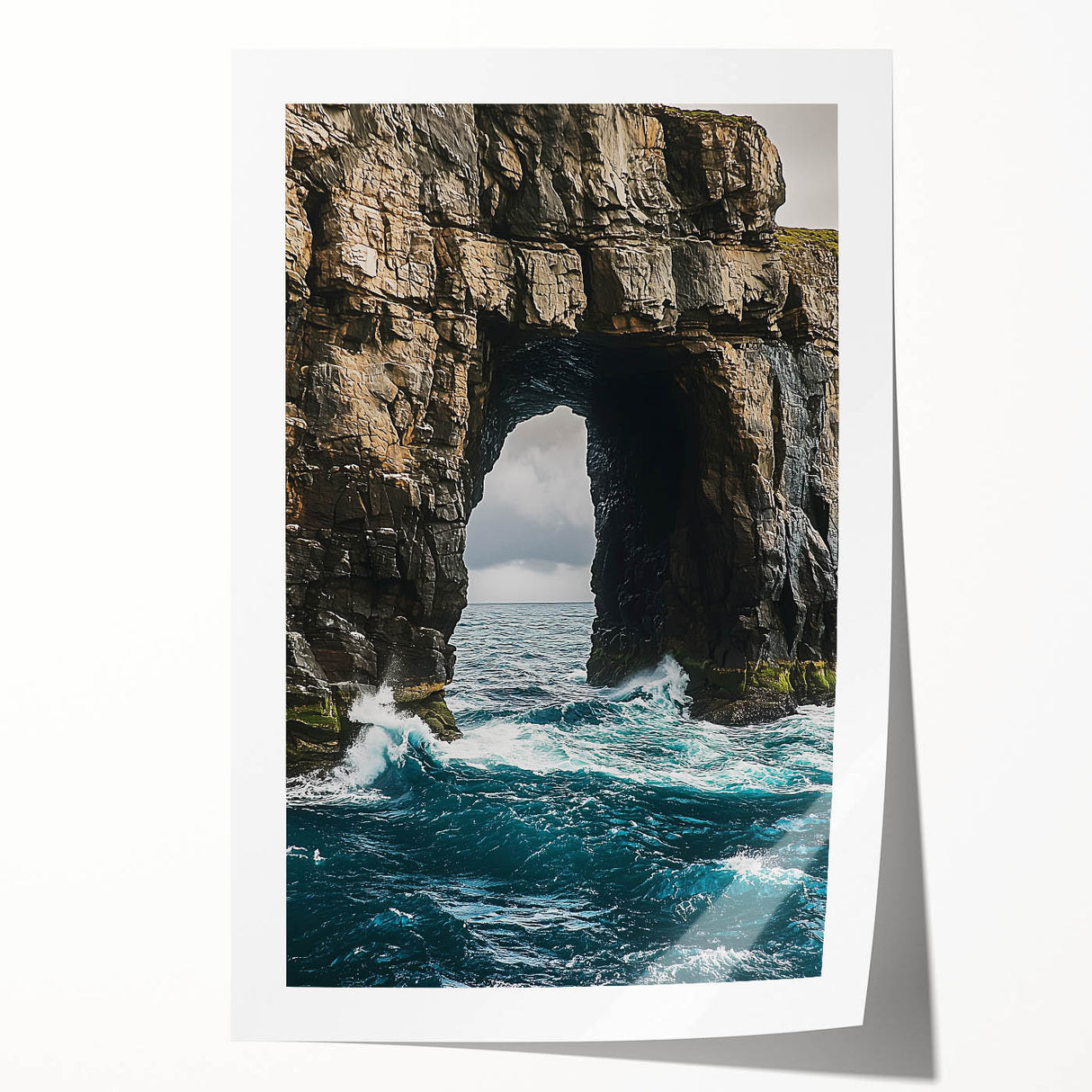 Vibrant landscape print showcasing dramatic cliffs and serene ocean views, rolled for shipping in a protective cardboard tube, perfect for home decor.