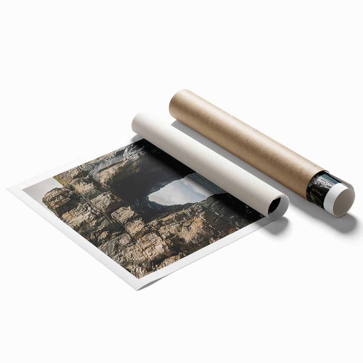 Stunning landscape print featuring vibrant cliffs and rolling hills, rolled for easy transport, ideal for home decor enthusiasts seeking nature-inspired wall art.