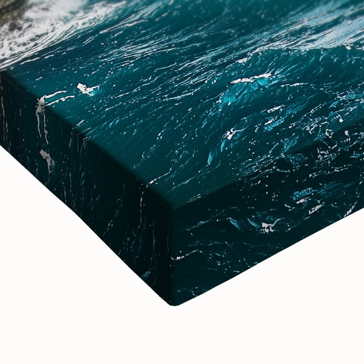 Close-up of a stretched canvas depicting a vibrant landscape scene with jagged cliffs, rich greens, and deep blues, perfect for home decor and art enthusiasts.