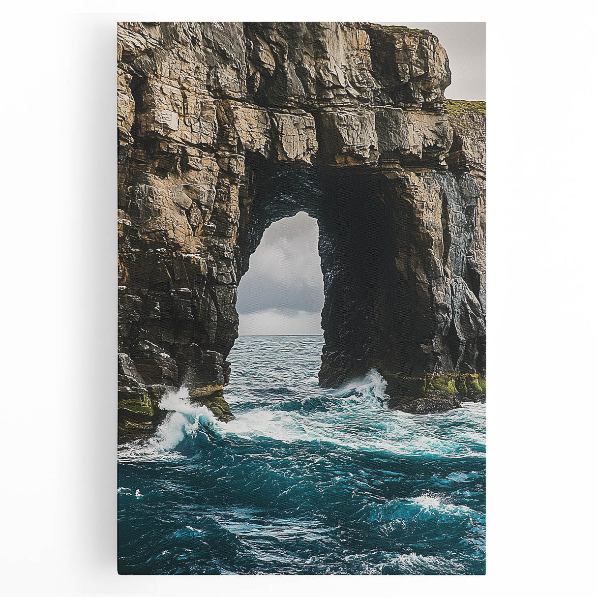 Stretched canvas artwork showcasing a breathtaking landscape of rugged cliffs under a vibrant sunset sky, perfect for enhancing home decor and creating a serene atmosphere.