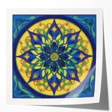 Abstract geometric art print mockup featuring vibrant colors and sharp angles, displayed in a glossy finish on a modern wooden surface, ideal for contemporary decor.