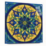 Abstract geometric acrylic glass design featuring vibrant colors and sharp angles, viewed from the side with visible mounting pins, ideal for modern decor.