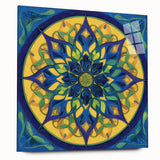 Abstract geometric acrylic glass artwork showcasing vibrant colors and intricate patterns, designed for modern decor; side view reveals its sleek edges and reflective surface.