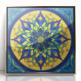 Abstract geometric wall art design in a modern gold frame, showcasing layered shapes and a vibrant color palette, perfect for contemporary decor.