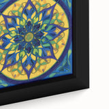 Close-up of abstract geometric framed canvas artwork, showcasing vibrant colors and intricate patterns, perfect for modern home decor and artistic expression.