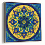 Abstract geometric framed canvas art showcasing a sleek silver frame, highlighting intricate patterns and vibrant colors, perfect for modern home decor.
