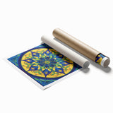 Abstract geometric rolled print showcasing vibrant colors and intricate patterns, elegantly packaged in a protective cardboard tube for easy display and transport.
