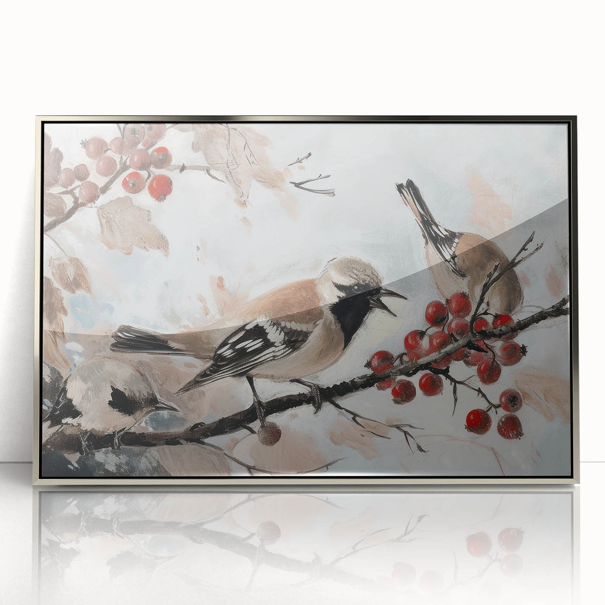 Framed acrylic artwork featuring a silver design of stylized animals, showcasing intricate details and vibrant colors, perfect for modern home decor or office space.