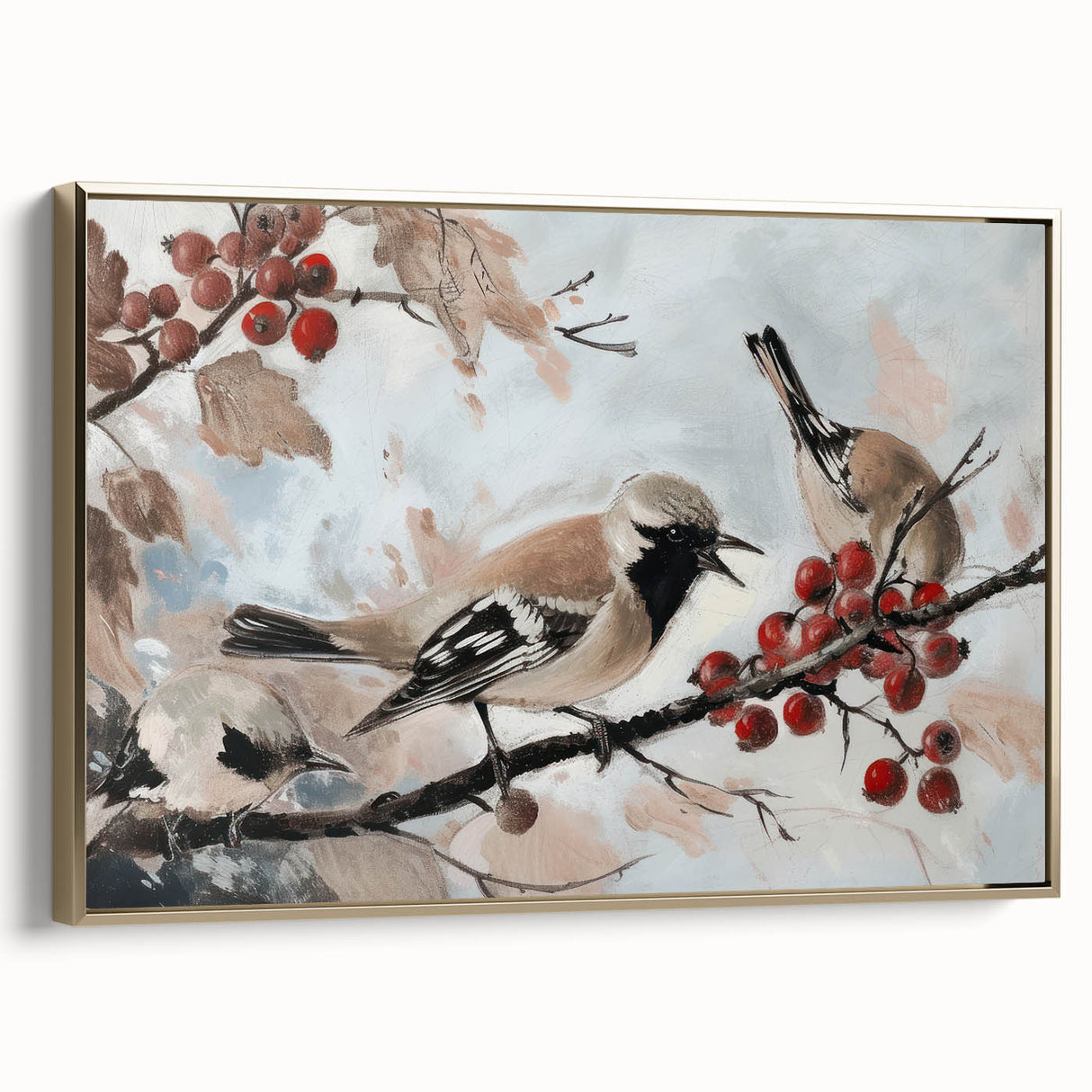 Framed canvas artwork showcasing a vibrant animal design with a gold border, displayed from a side view, ideal for enhancing modern decor in homes or offices.