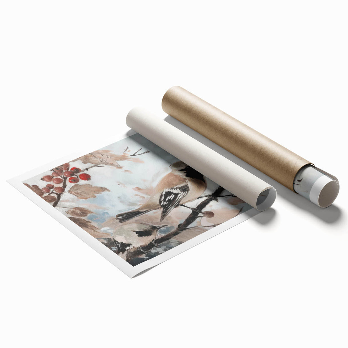 Rolled canvas print showcasing vibrant animal illustrations with intricate details, packaged securely in a durable cardboard tube for safe shipping and display.