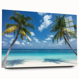 Acrylic glass artwork showcasing a vibrant beach landscape in a side view, highlighting the vivid colors and serene atmosphere, perfect for coastal decor enthusiasts.