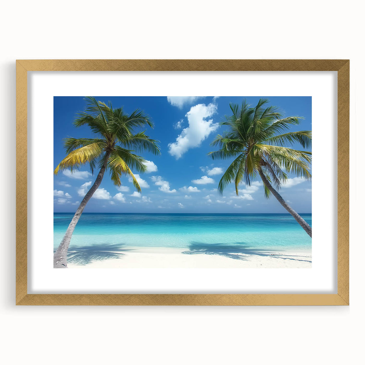 Elegant landscape artwork depicting serene beaches, framed in a stylish gold frame with a mat, enhancing any coastal-themed decor. Perfect for beach lovers and home aesthetics.