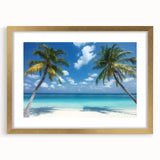Elegant landscape artwork depicting serene beaches, framed in a stylish gold frame with a mat, enhancing any coastal-themed decor. Perfect for beach lovers and home aesthetics.