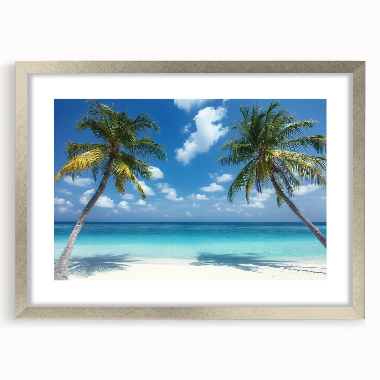 Framed landscape artwork depicting serene beaches, featuring a silver mat and sleek design, perfect for enhancing coastal-themed interiors or gallery displays.