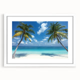 Framed landscape artwork depicting tranquil beaches with soft blue skies and sandy shores, featuring a white mat for an elegant presentation, ideal for coastal decor.